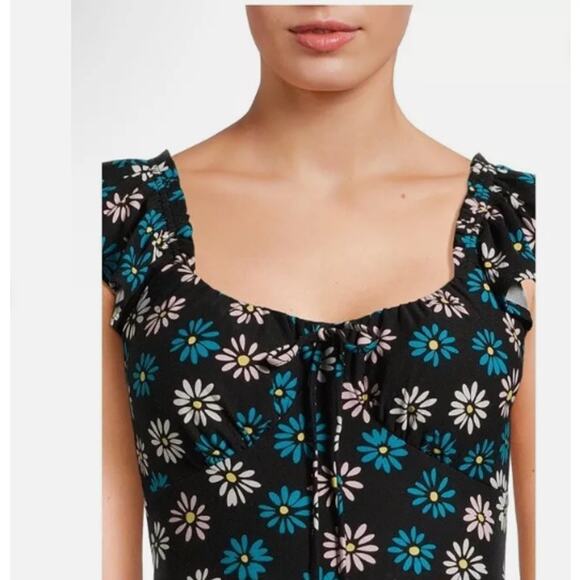 Black and Blue FLORAL High-Low Dress - Flutter Sleeve Dress - Picture 8 of 13